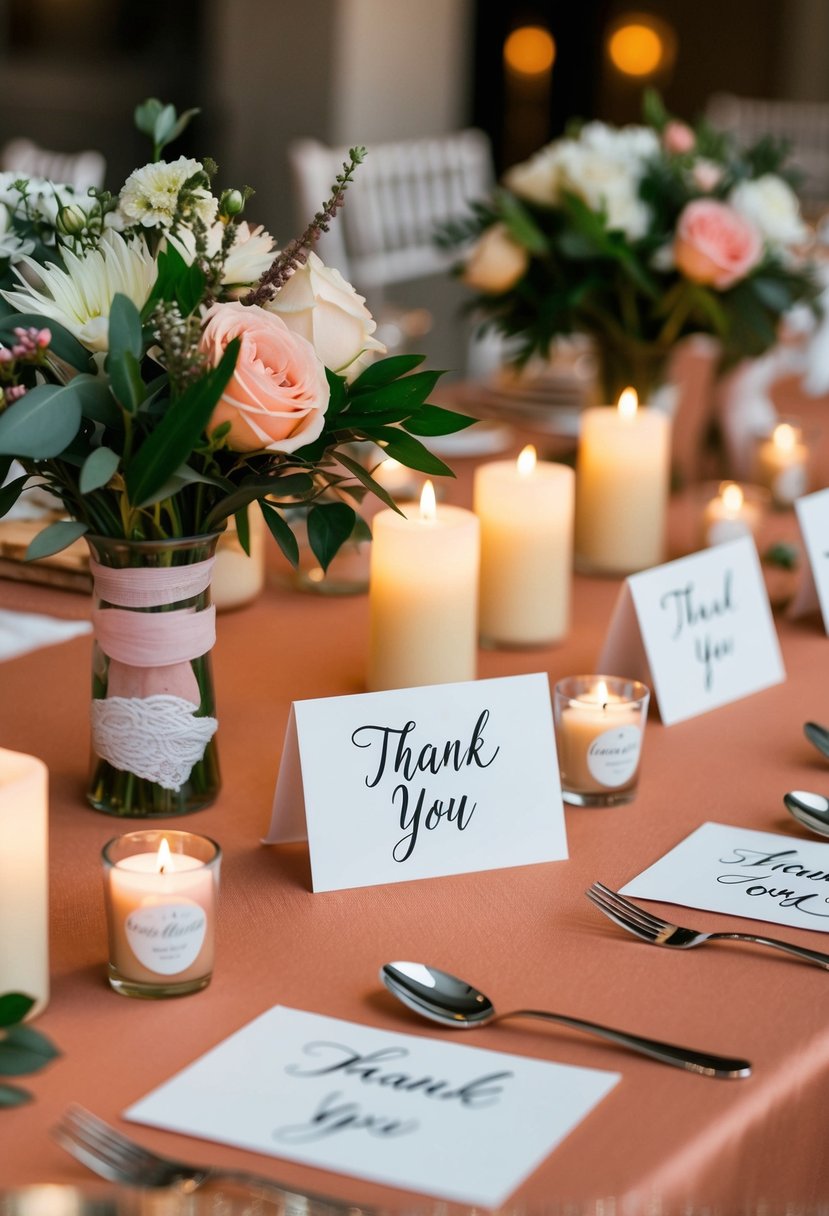 A table set with elegant wedding favors and handwritten thank you notes. Bouquets of fresh flowers and candles create a warm and inviting atmosphere