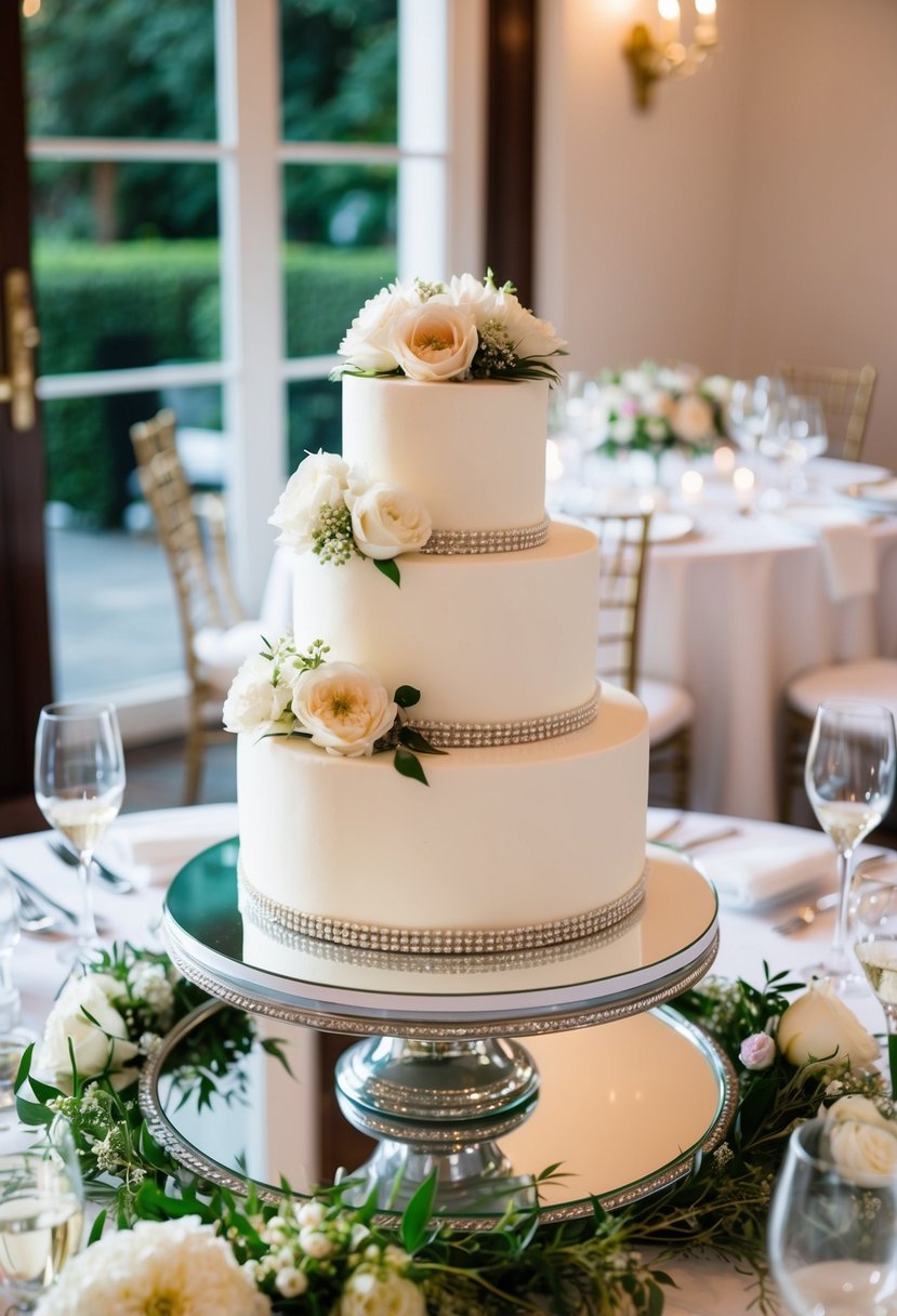 A white, tiered wedding cake sits atop a mirrored cake stand on a table adorned with floral arrangements and elegant tableware