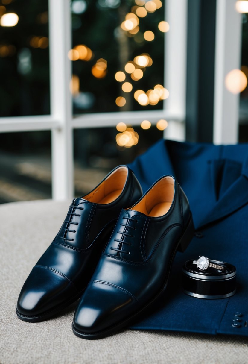 A pair of comfortable shoes placed next to a well-tailored suit, with a wedding ring on top