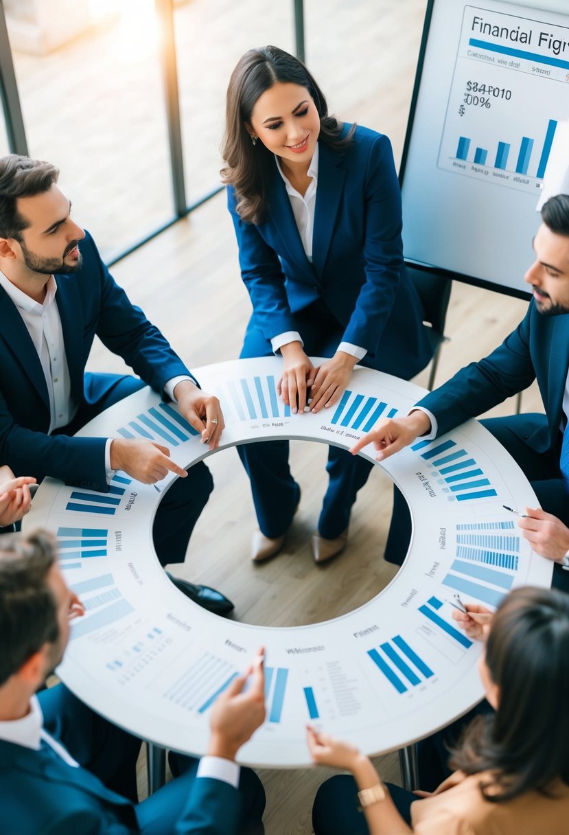 A group of people sitting in a circle, discussing wedding expenses and offering tips to each other. A whiteboard with financial figures in the background