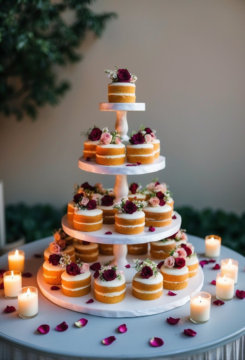 Mini cakes arranged on tiered stands, adorned with floral accents, surrounded by votive candles and scattered rose petals