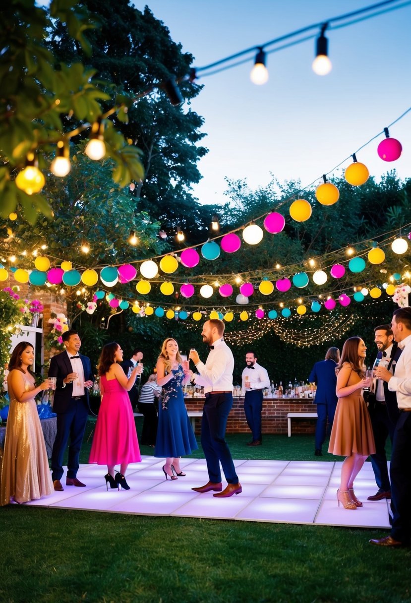 A festive outdoor garden with colorful decorations, twinkling lights, and a dance floor surrounded by happy guests enjoying drinks and music