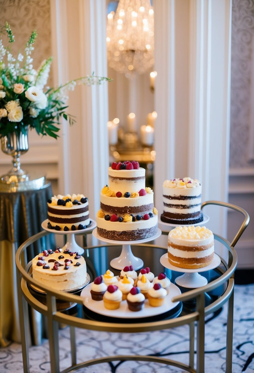 A dessert bar cart adorned with a variety of cakes and pastries, set against a backdrop of elegant wedding decor