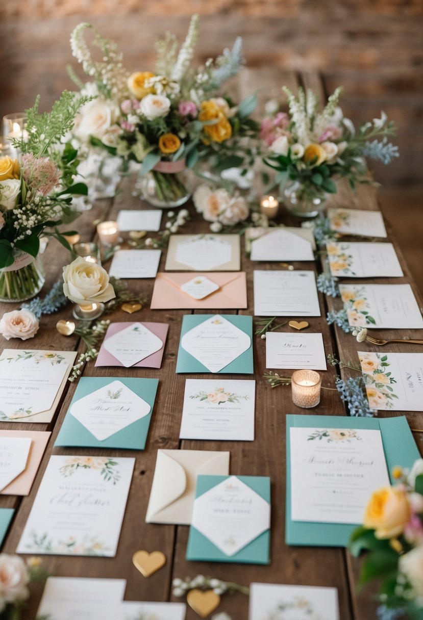 A colorful array of wedding invitations spread out on a rustic wooden table, surrounded by delicate floral arrangements and vintage-inspired decor