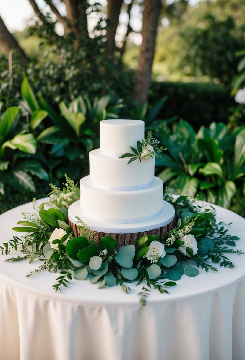 A white wedding cake sits on a table adorned with lush greenery and foliage, creating a natural and elegant display