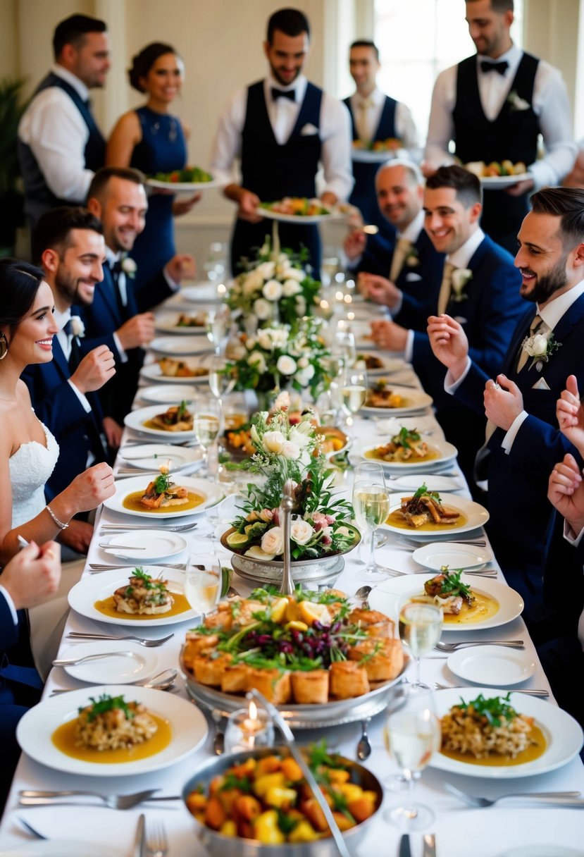 A table set with an array of mouthwatering dishes, surrounded by bustling waitstaff and guests enjoying the delectable wedding feast