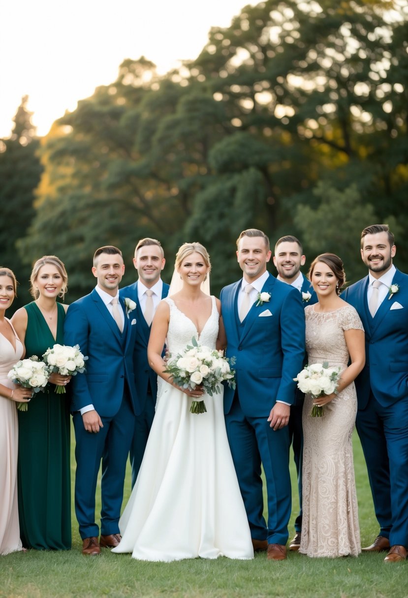 A bride and groom stand surrounded by their selected wedding party, all smiling and dressed in coordinating attire