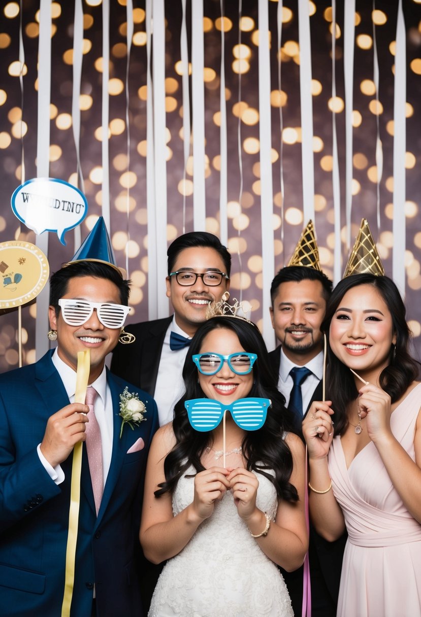 A festive wedding photo booth with props, streamers, and a backdrop of twinkling lights