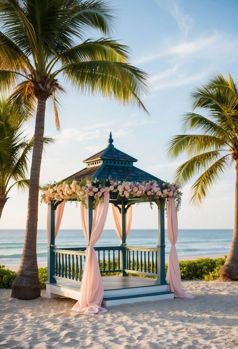 A serene beach setting with a beautiful gazebo adorned with flowers and flowing drapery, surrounded by palm trees and the gentle sound of waves