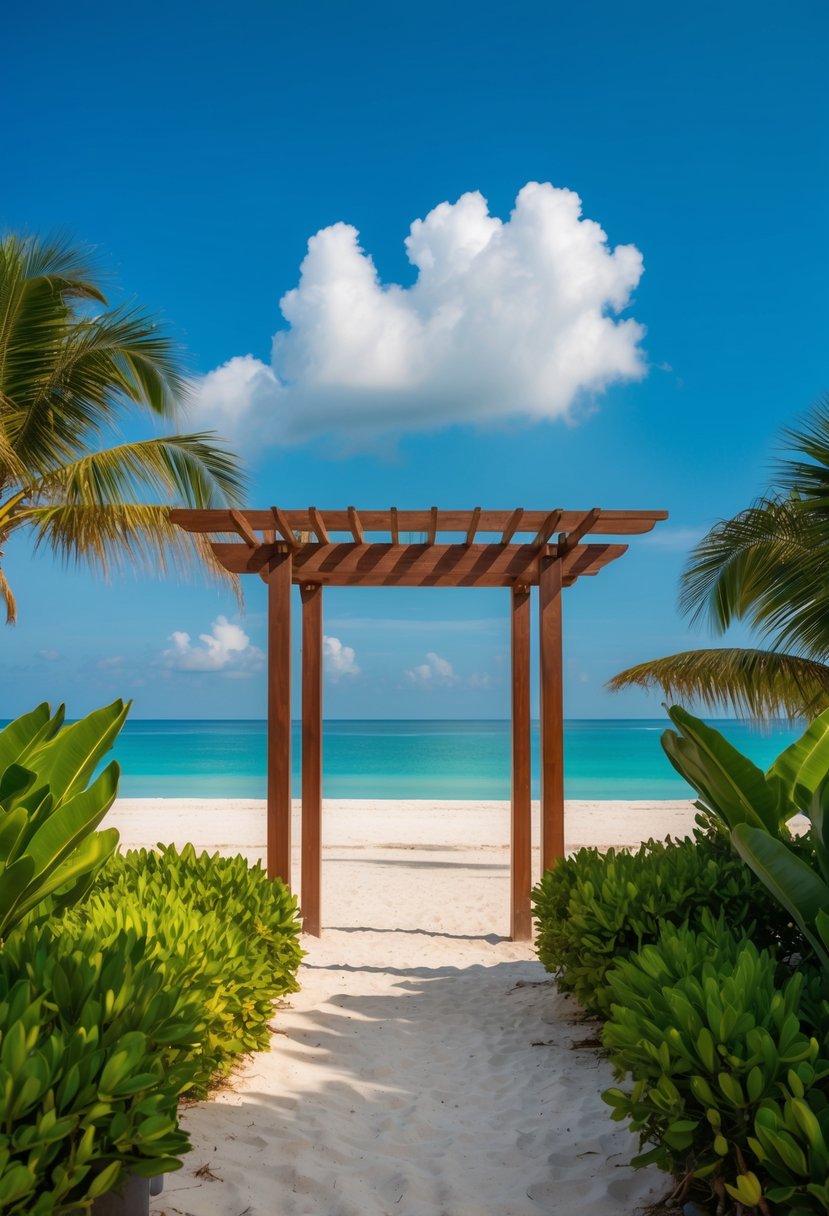 A serene beach with a wooden archway, surrounded by lush tropical greenery, and a clear blue sky with a few fluffy white clouds