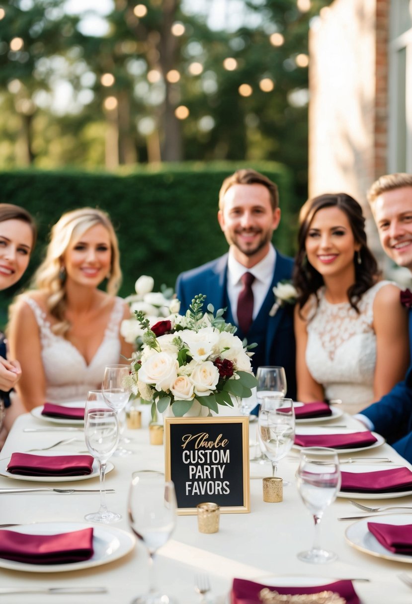 A table adorned with custom party favors, surrounded by happy wedding guests