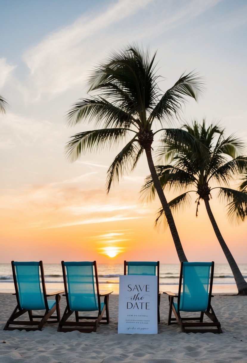 A beach with a sunset backdrop, palm trees, and a couple of beach chairs with a "Save the Date" card placed on one of them