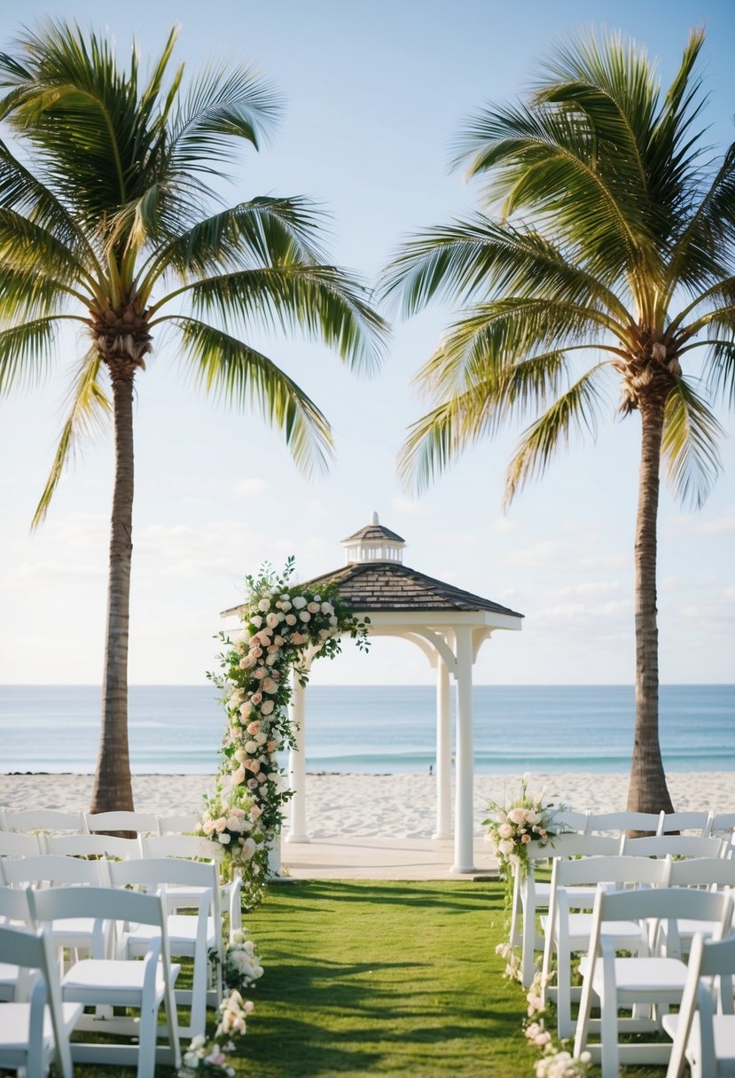 A serene beach venue with palm trees and a gazebo overlooking the ocean. White chairs are set up for a wedding ceremony, with a floral arch as a focal point