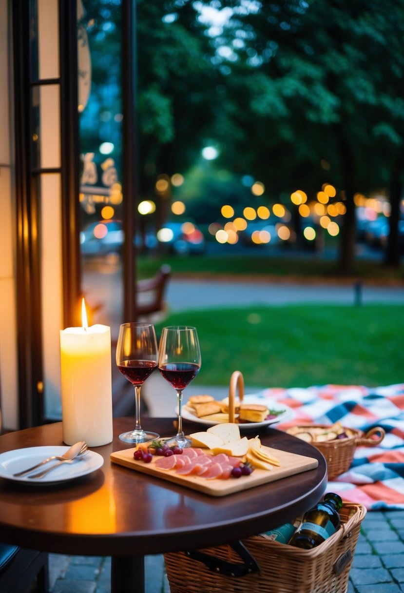 A cozy cafe with a candlelit table, two glasses of wine, and a charcuterie board. Outside, a park with a romantic picnic blanket and a basket of snacks