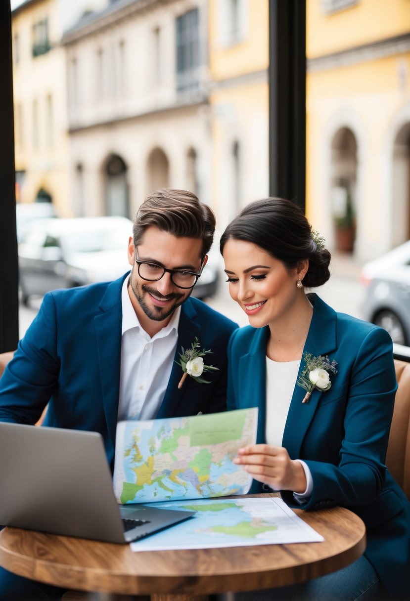 A couple researching marriage laws and destination wedding tips at a cozy cafe with a map and laptop on the table