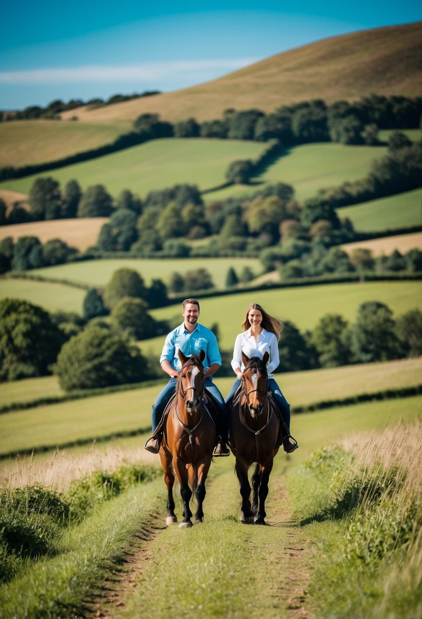 A couple rides horses through a picturesque landscape, surrounded by rolling hills, lush greenery, and a clear blue sky