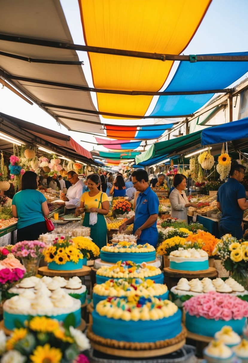 A bustling outdoor market with colorful stalls and vendors selling flowers, cakes, and decorations for a destination wedding