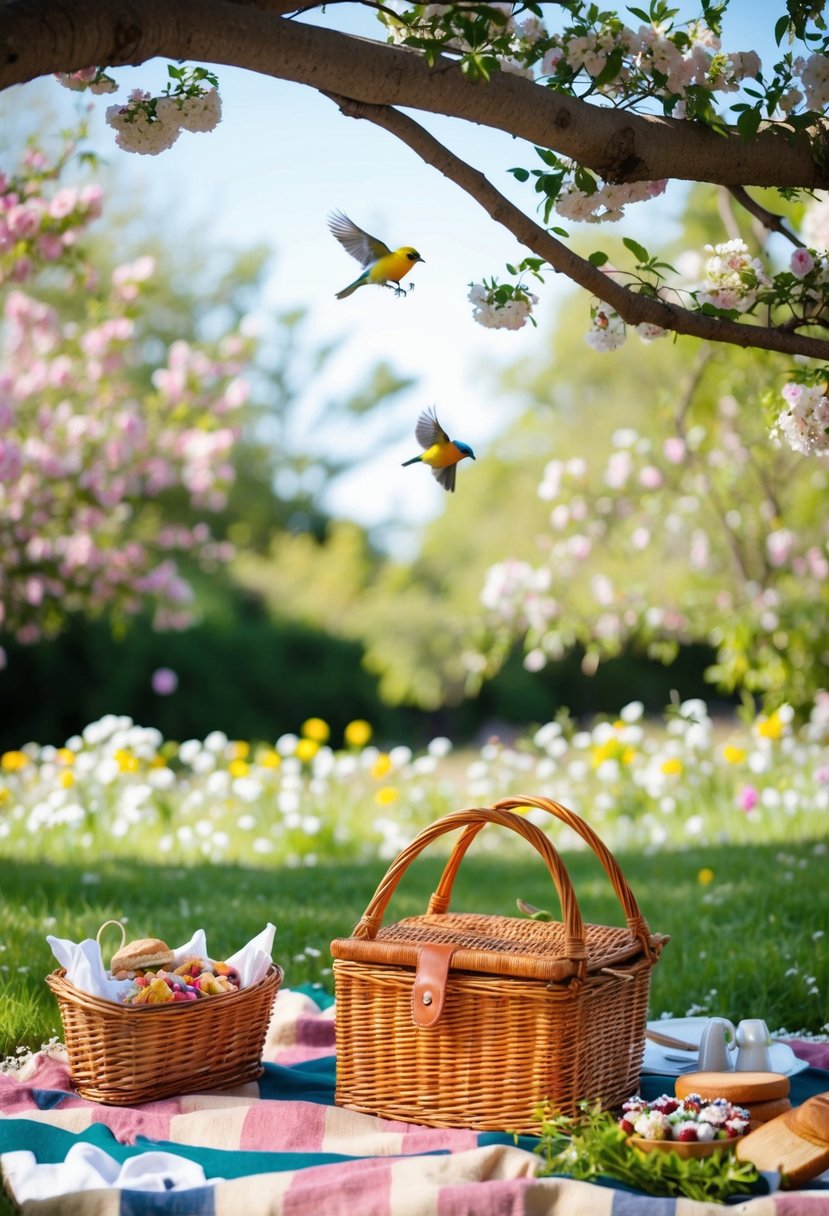 A cozy picnic blanket spread under a shady tree, surrounded by blooming flowers and chirping birds, with a wicker basket filled with delicious treats