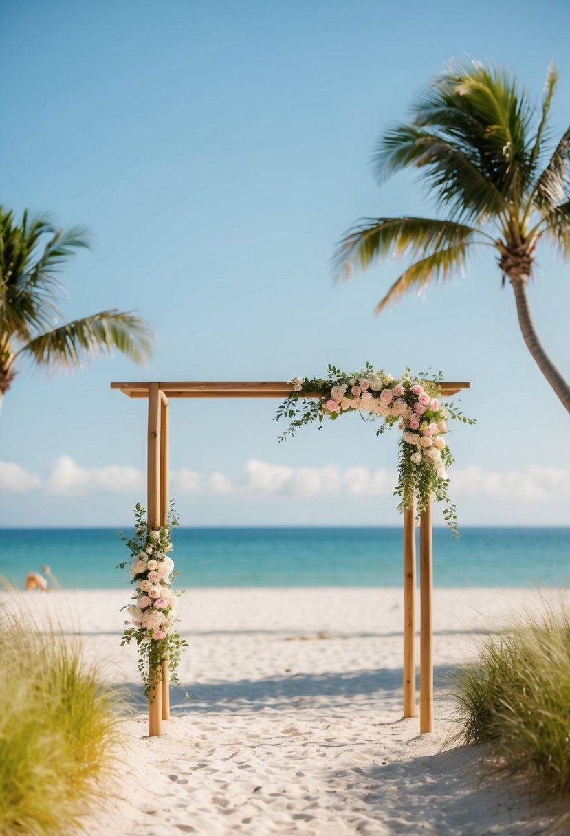 A serene beach setting with a simple wooden arch adorned with flowers, surrounded by gently swaying palm trees and a clear blue sky