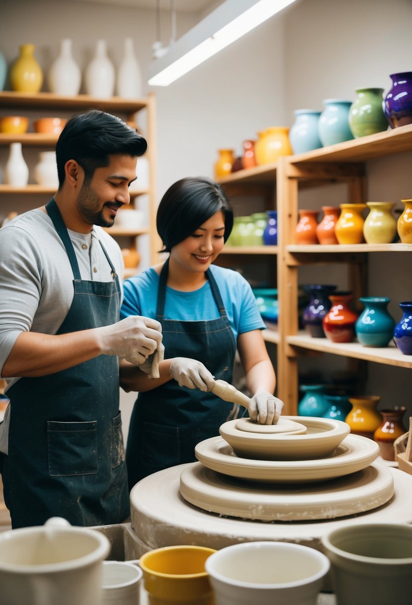 A couple shaping clay on a pottery wheel, surrounded by shelves of colorful glazes and finished ceramic pieces