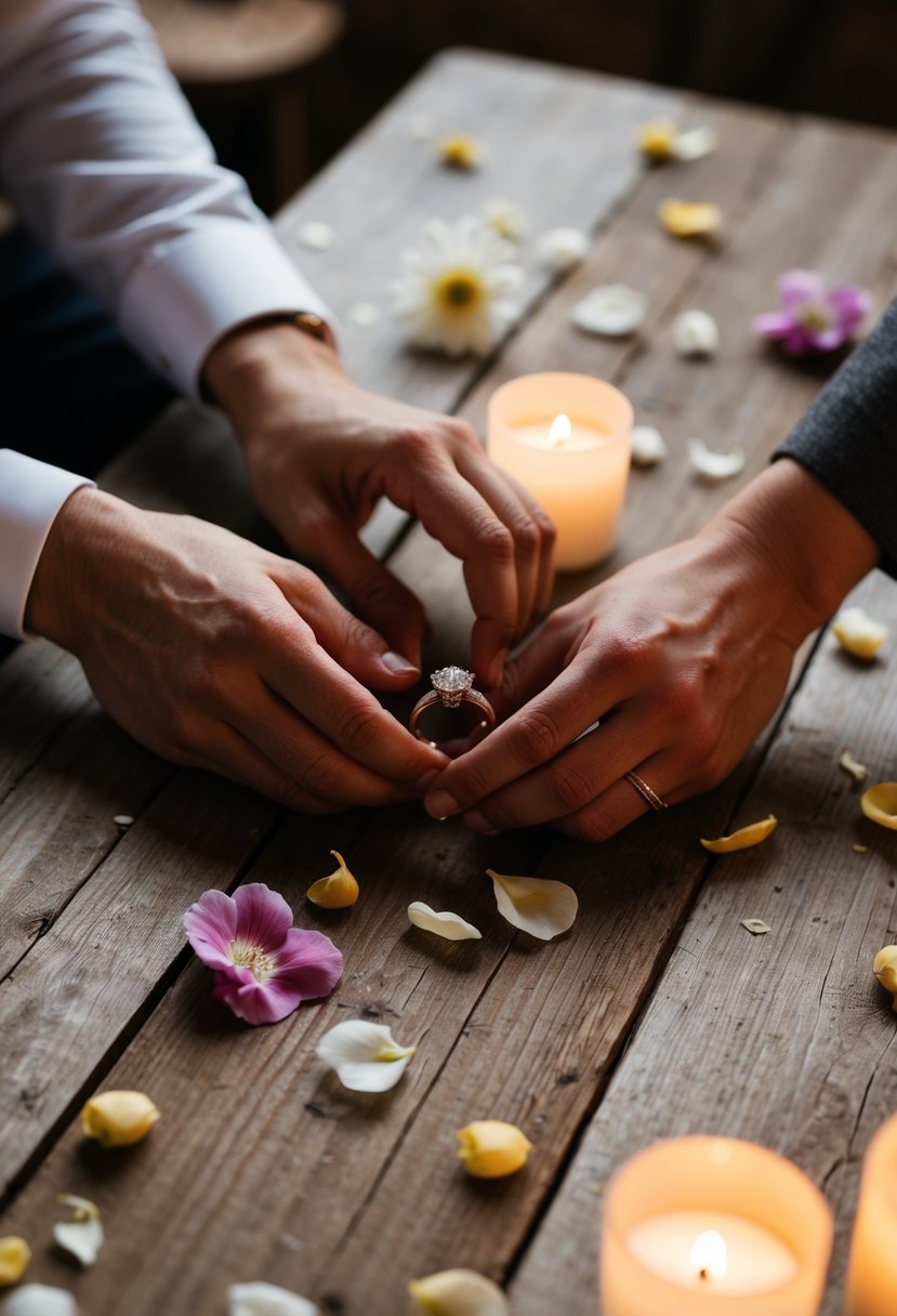 A couple's hands placing wedding rings on a rustic wooden table with scattered flower petals and candlelight