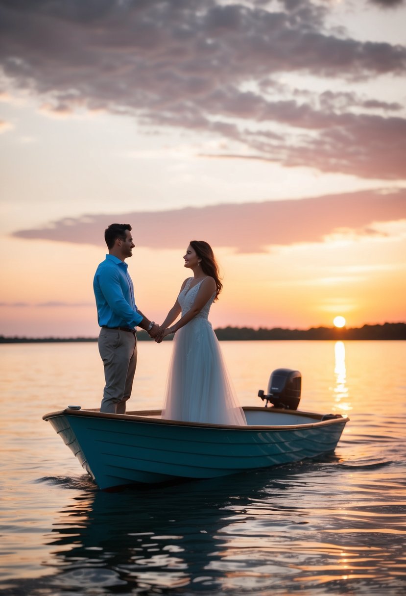 A couple on a boat, surrounded by calm water and a beautiful sunset