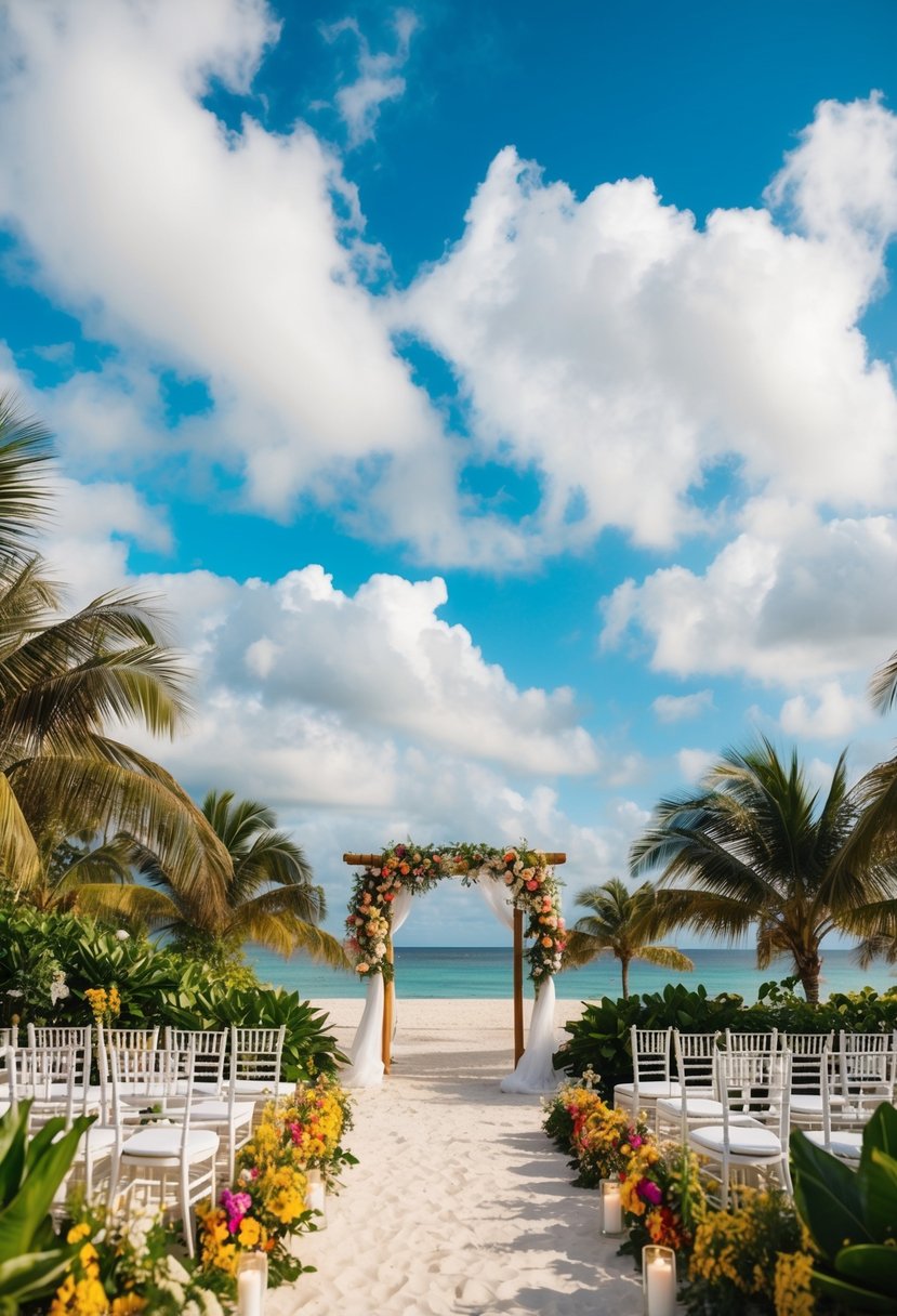 A picturesque beach wedding venue with scattered clouds and a gentle breeze, surrounded by lush greenery and colorful flowers