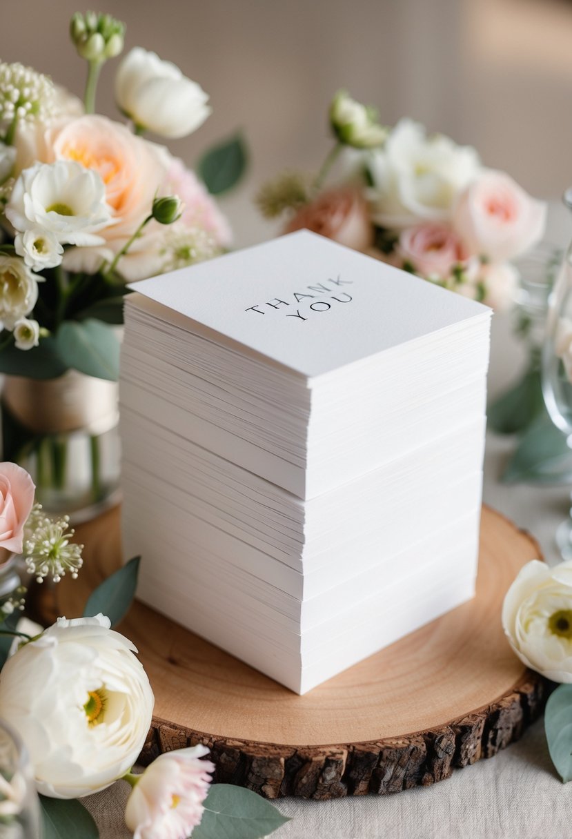 A stack of elegant thank you cards surrounded by flowers and wedding decor