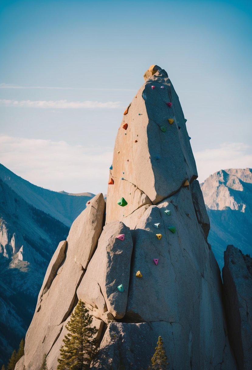 A towering rock face with colorful climbing holds, set against a backdrop of rugged mountains and a clear blue sky