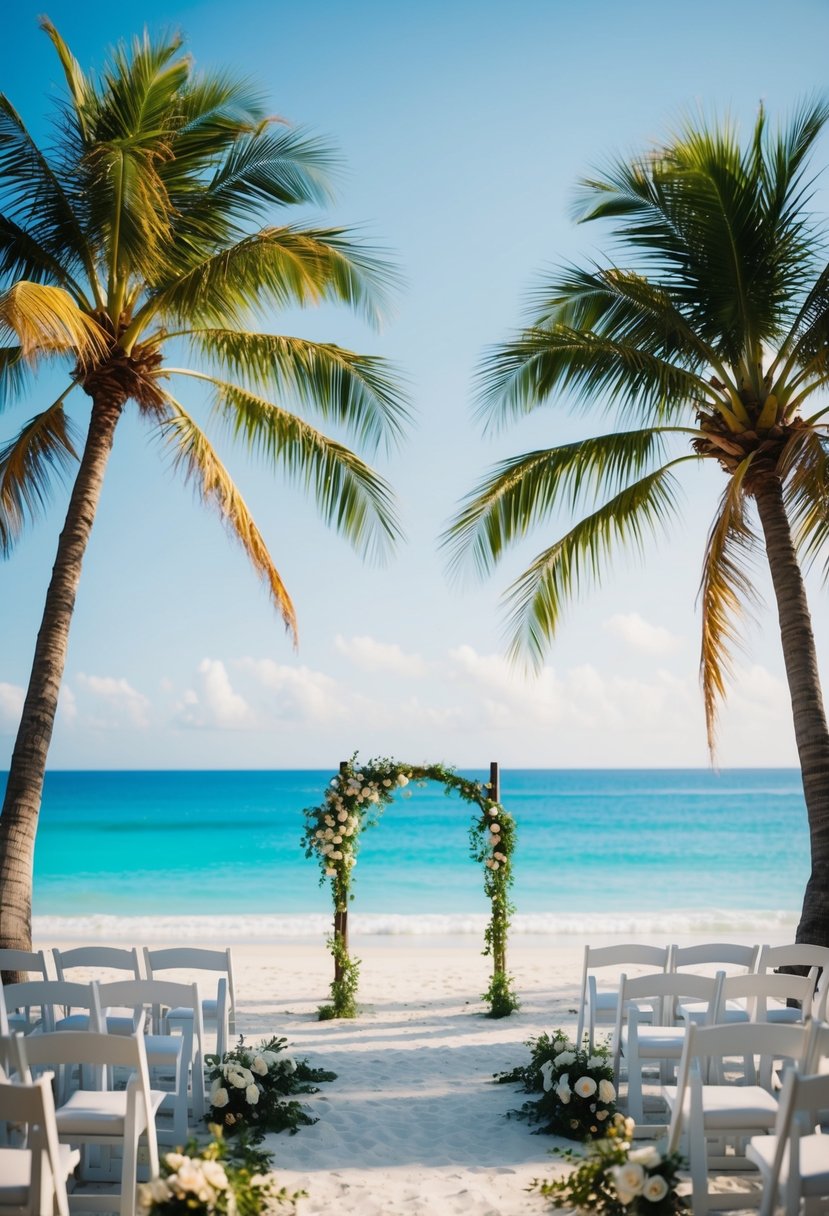 A serene beachside setting with palm trees, a clear blue ocean, and a small wedding arch adorned with flowers