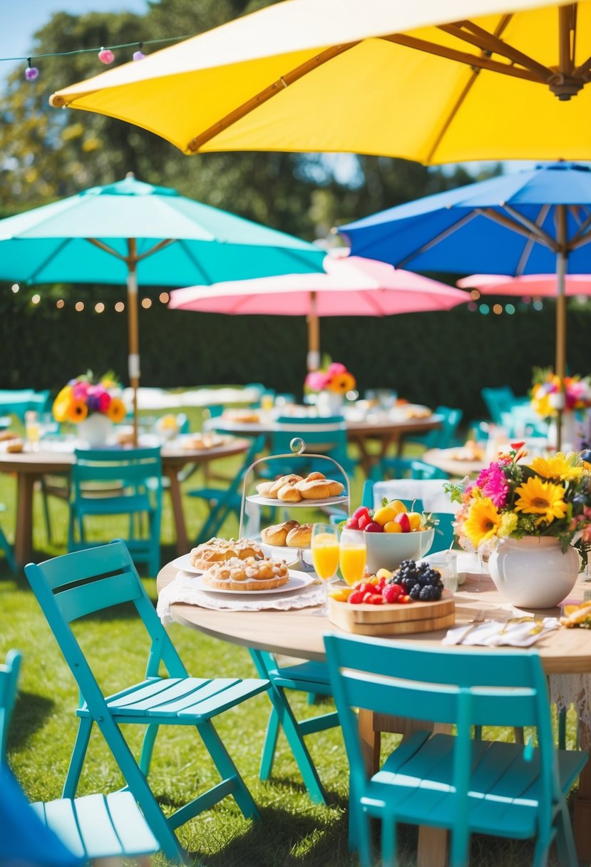 A sunny outdoor brunch with scattered tables, chairs, and colorful umbrellas. A buffet table is set with pastries, fruits, and drinks. Flowers and decorations add a festive touch