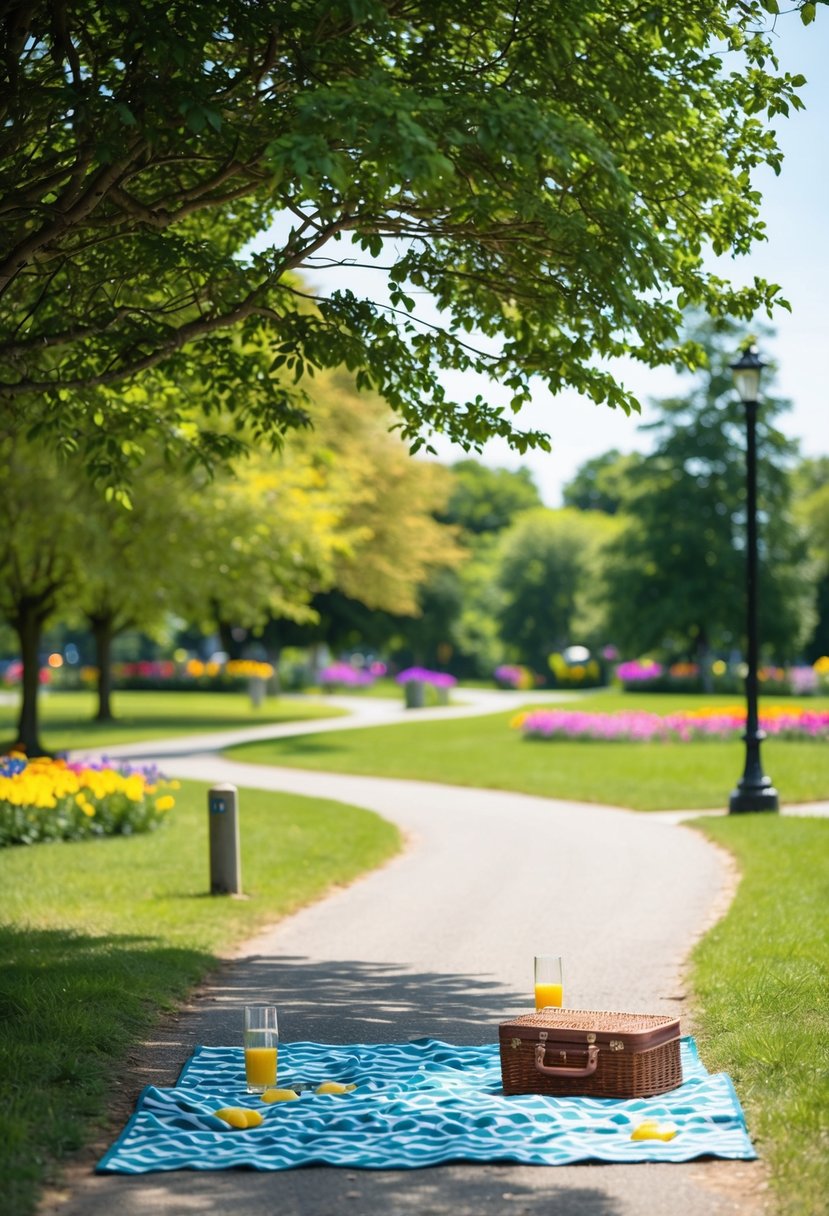 A park with a winding path, colorful flowers, hidden clues, and a picnic blanket under a shady tree