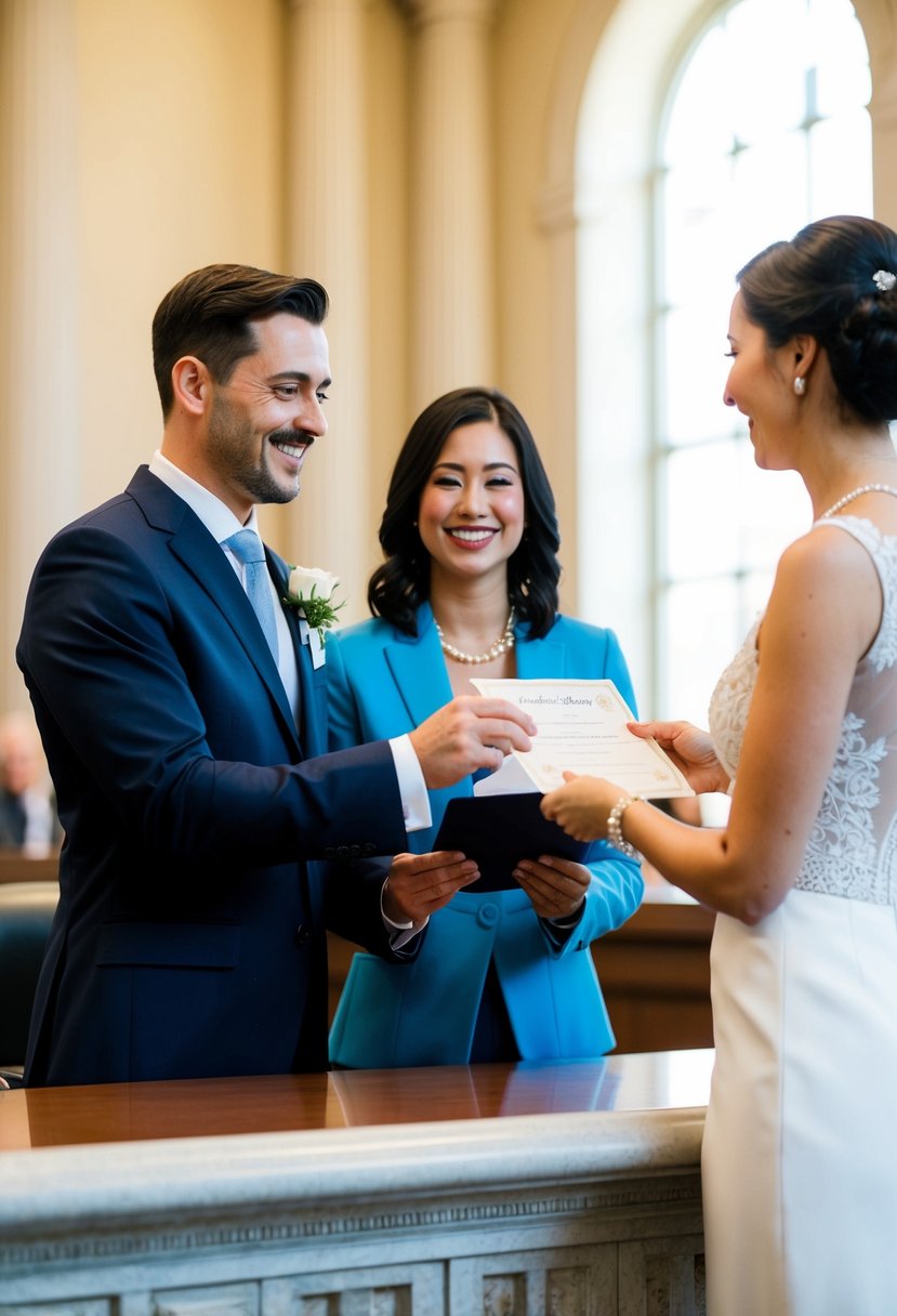 A couple receiving their marriage certificate from a smiling government official at a city hall desk