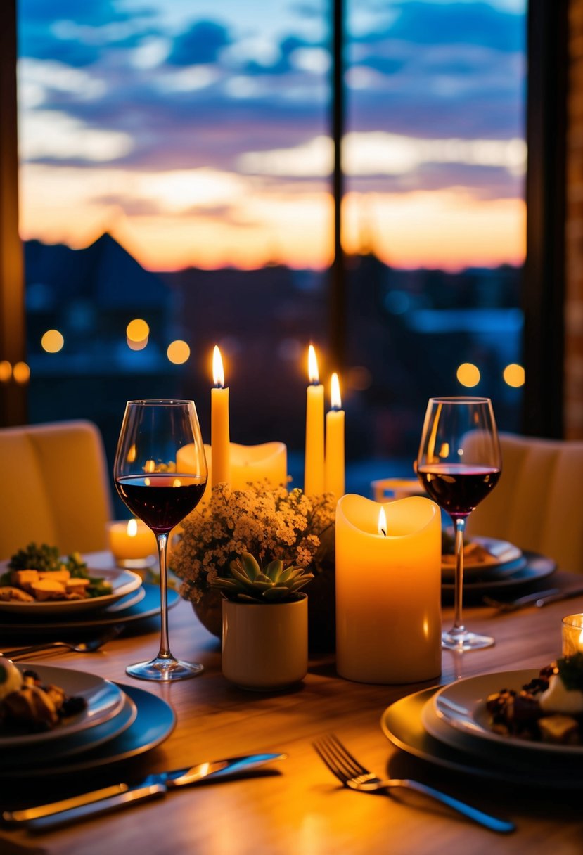 A cozy table set with candles, wine, and a delicious meal, creating a warm and romantic atmosphere for a date night at home