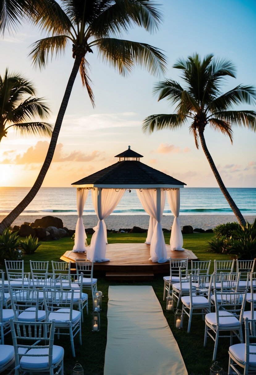 A tropical beach with a gazebo and chairs set up for a wedding ceremony, surrounded by palm trees and overlooking the ocean at sunset