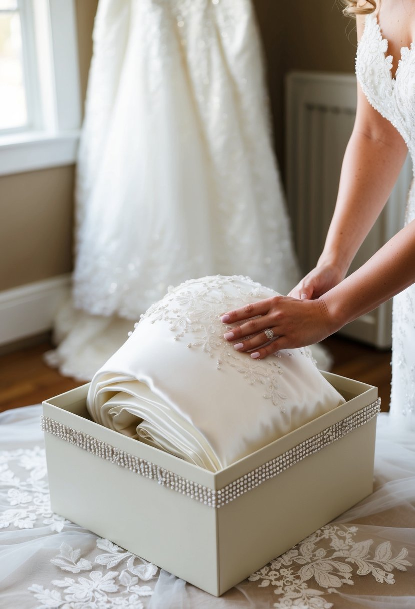 A bride's wedding dress being carefully folded and placed in a preservation box, surrounded by delicate lace and sparkling embellishments