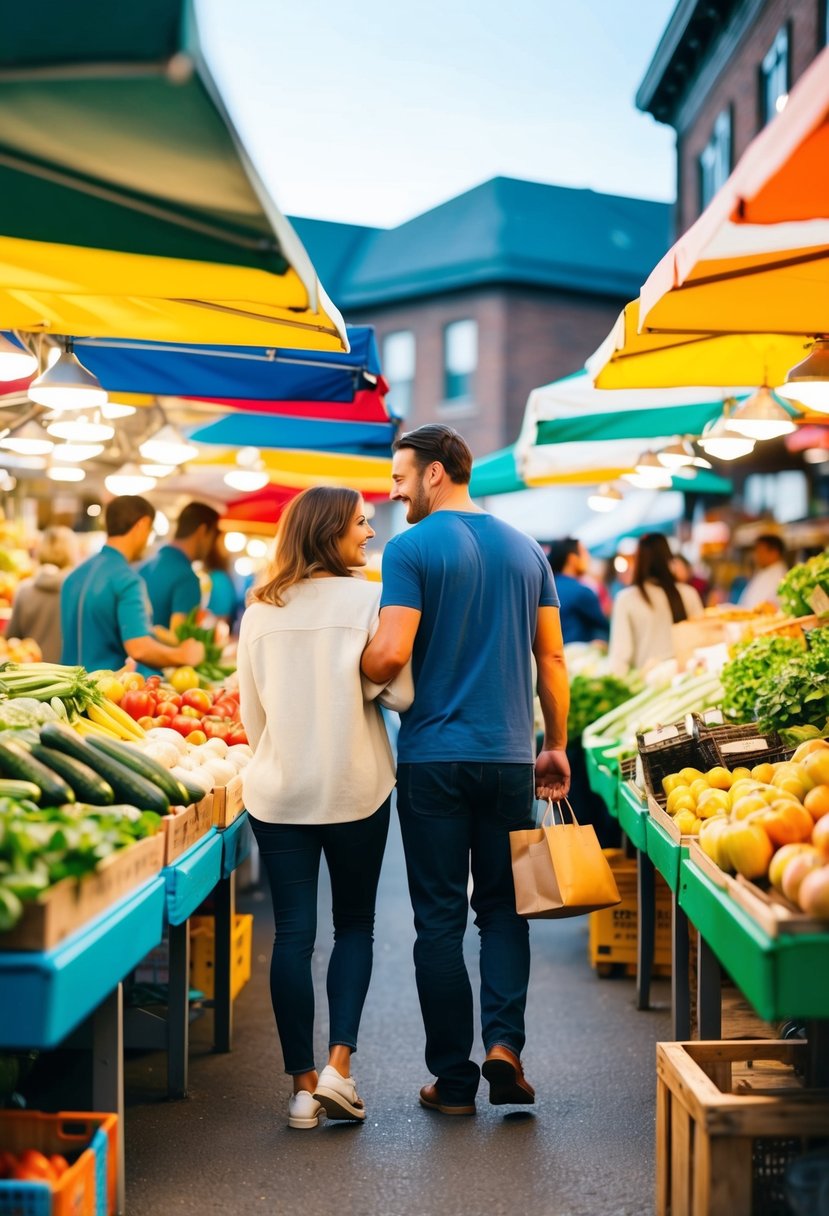 A bustling farmer's market with colorful stalls, fresh produce, and couples browsing together