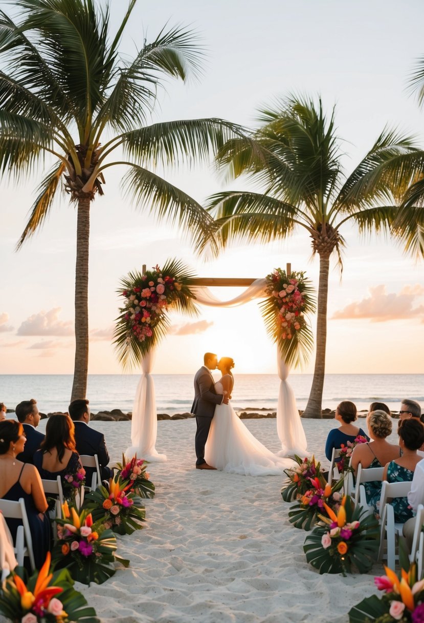 A beachfront wedding with tropical flowers, palm trees, and a sunset backdrop