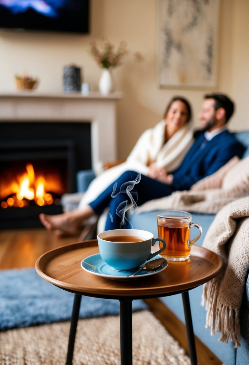 A cozy living room with a crackling fireplace, soft blankets, and a steaming cup of tea on a side table. Gentle music plays in the background as the newlyweds relax together