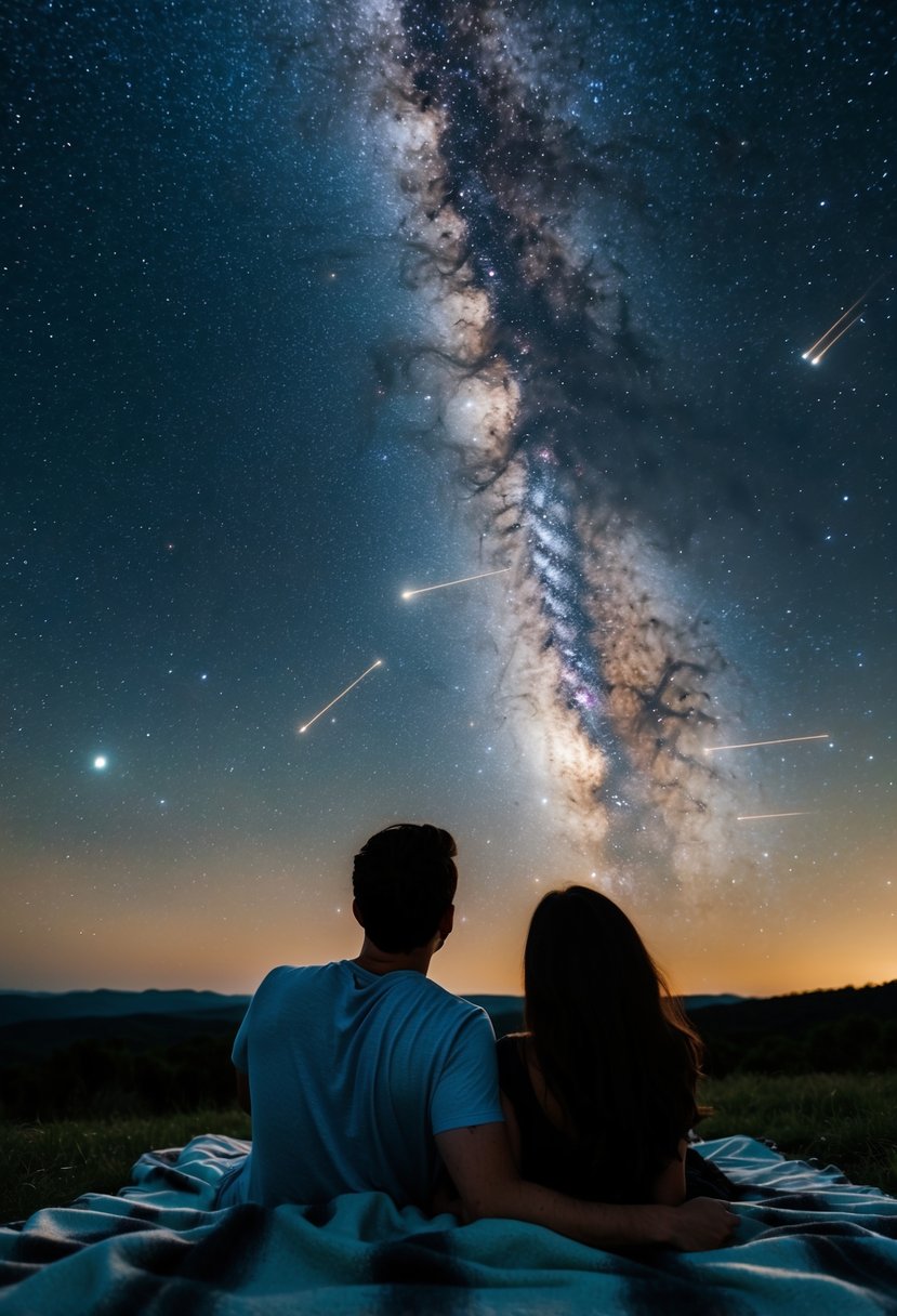 A couple lies on a blanket, gazing up at a star-filled sky. The Milky Way stretches across the darkness, and shooting stars streak across the heavens