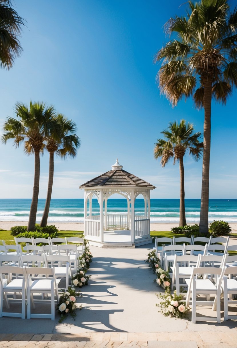 A beachside wedding venue with a gazebo and chairs, surrounded by palm trees and overlooking the ocean. A clear blue sky and gentle waves complete the serene scene