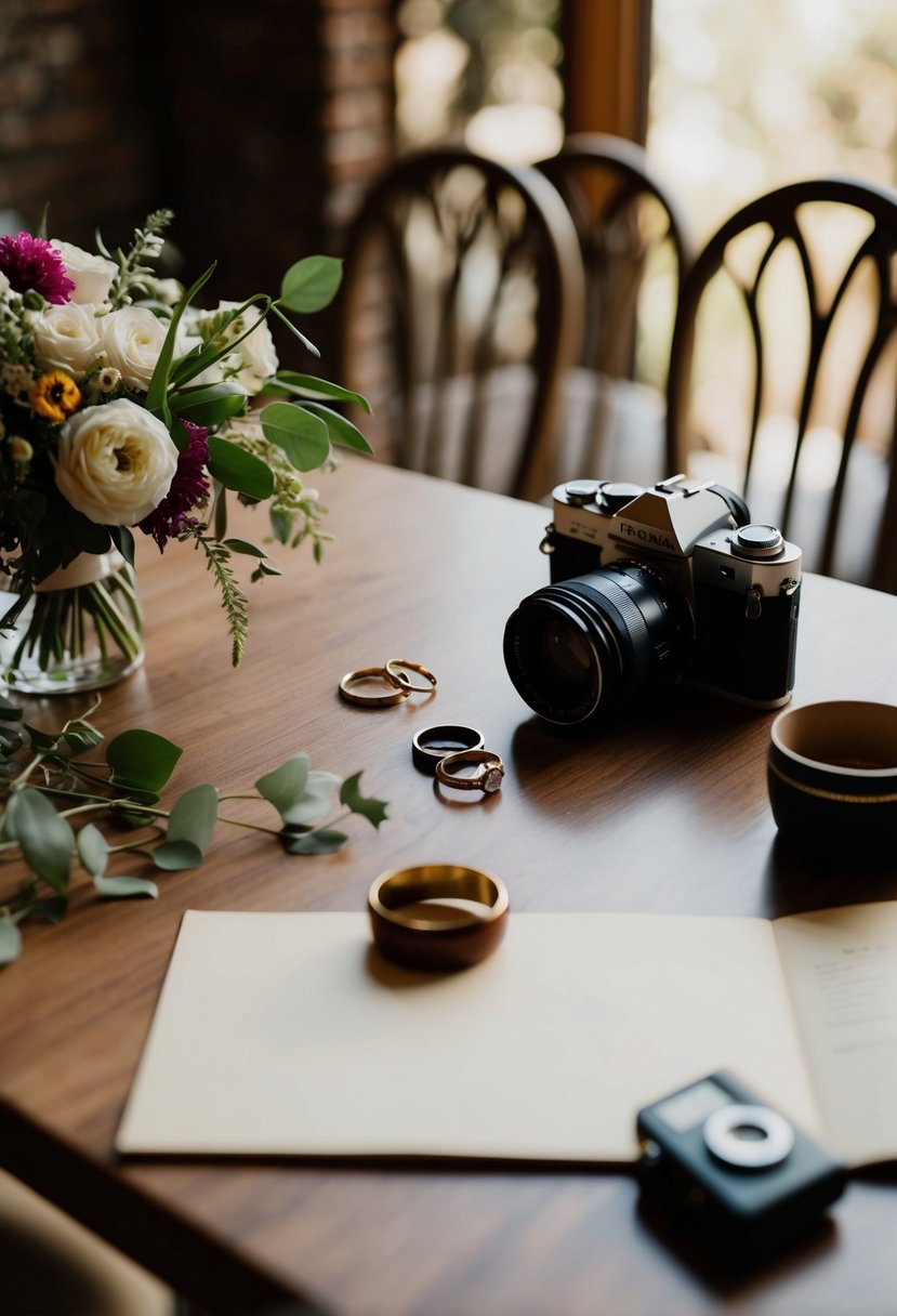 A table with scattered wedding items: flowers, rings, and a camera