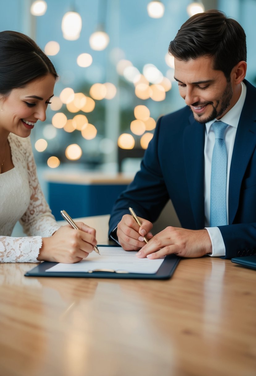 A newlywed couple signing joint bank account paperwork at a bank desk