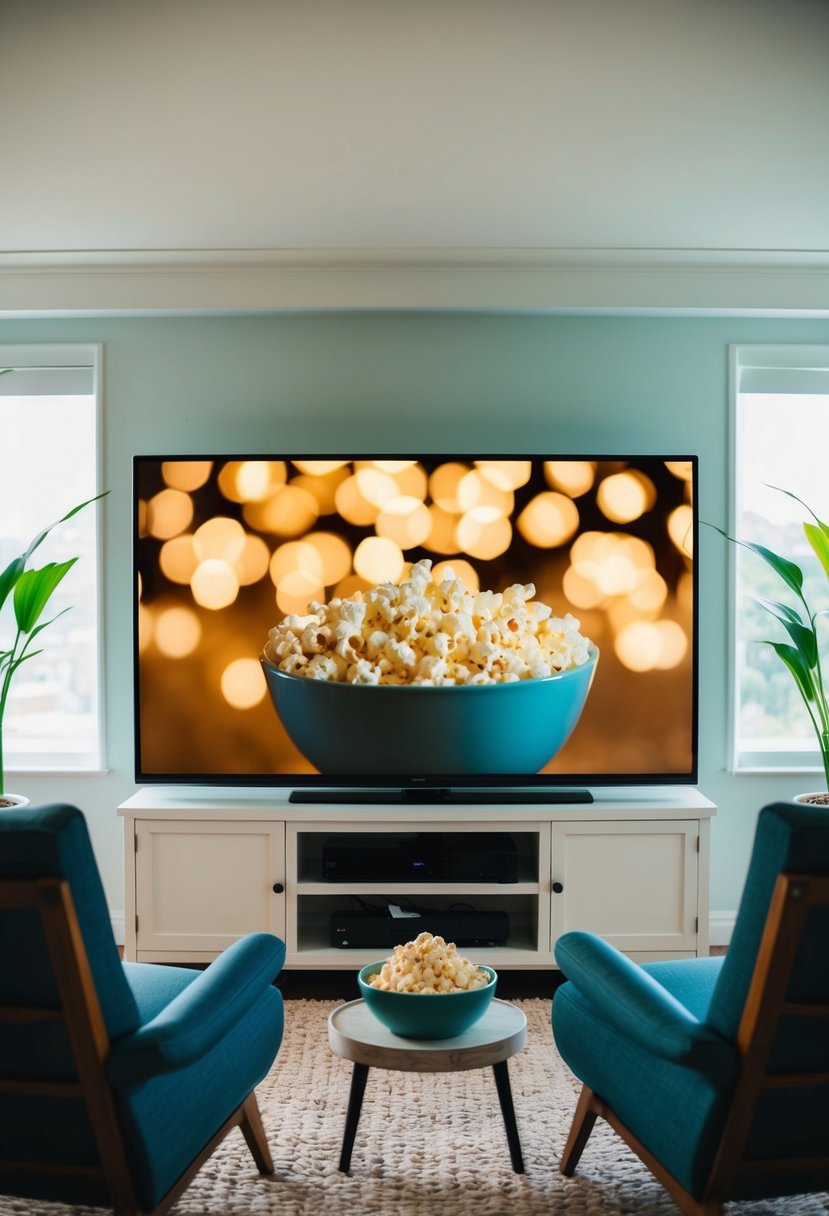 A cozy living room with a big screen TV, a bowl of freshly popped popcorn, and two comfortable chairs facing the screen