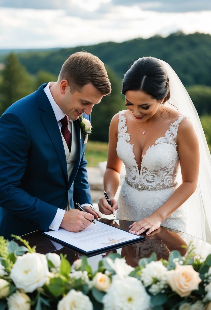 A bride and groom signing a legal document at a scenic outdoor wedding venue