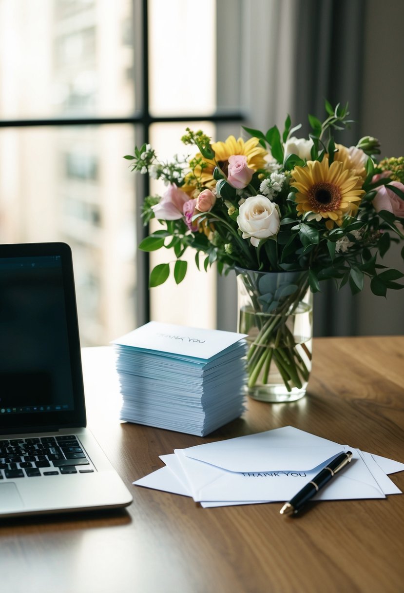 A table with a laptop, pen, and paper. A stack of thank you cards and envelopes. Bouquet of flowers