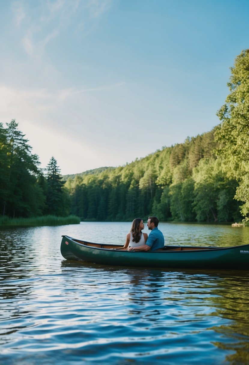 A serene lake with a couple in a canoe, surrounded by lush greenery and calm waters, with a clear blue sky above