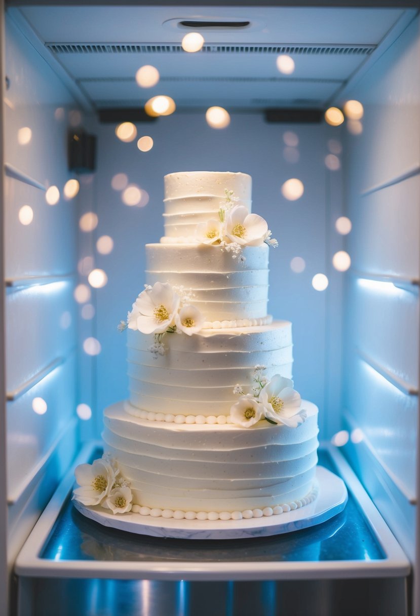 A three-tiered wedding cake sits in a freezer, covered in white frosting and adorned with delicate sugar flowers and intricate designs