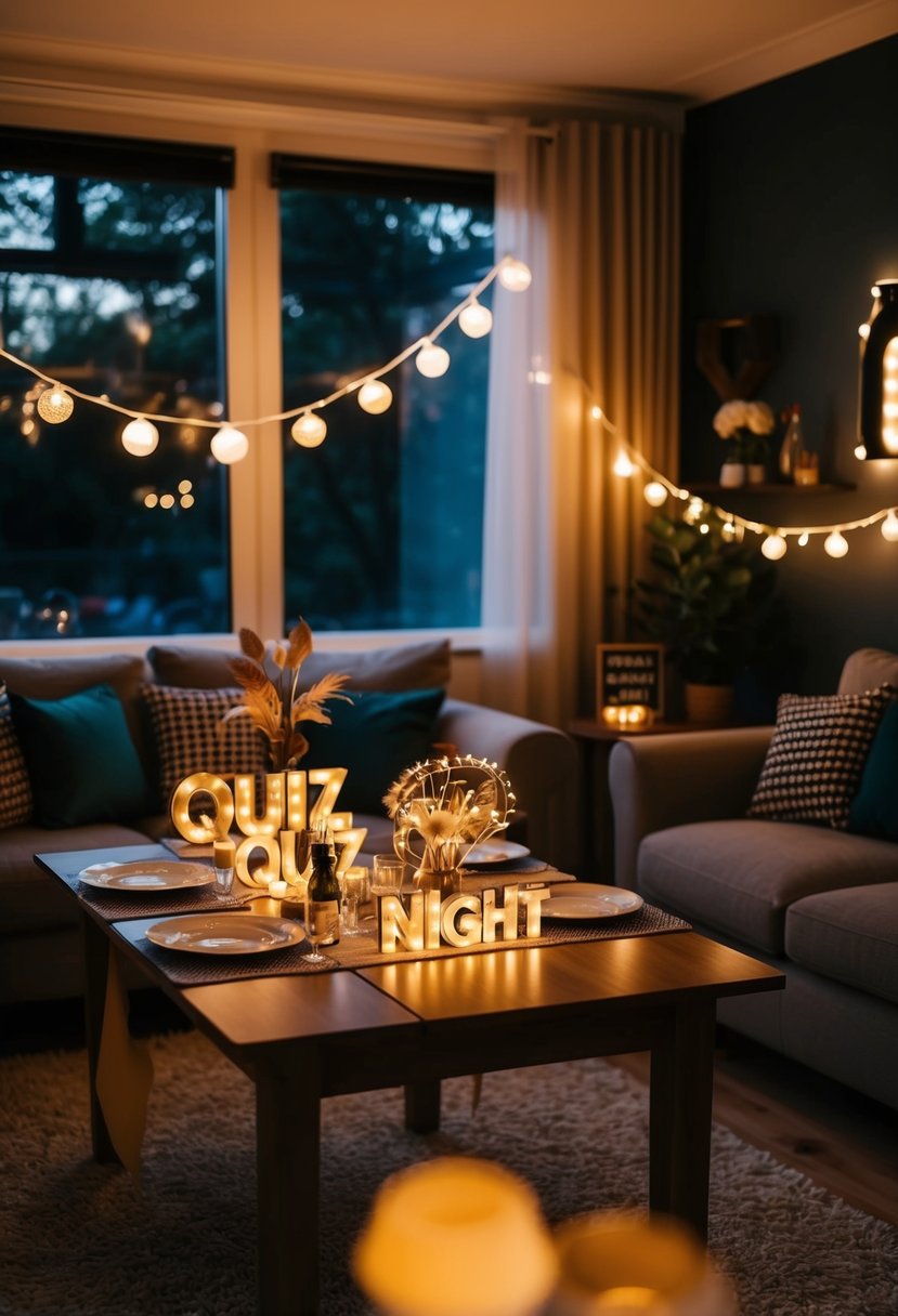 A cozy living room with a table set for a quiz night, decorated with themed props and dim lighting to create a romantic atmosphere for couples