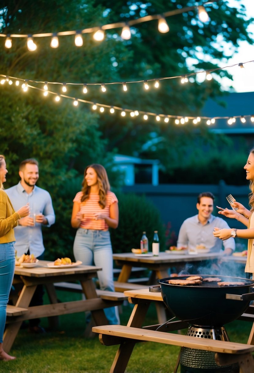 A backyard BBQ with a grill, picnic tables, string lights, and friends chatting and laughing